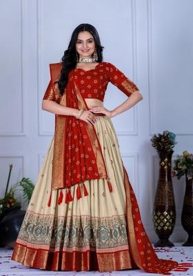 Red Embroidered Lichi Lehenga Set