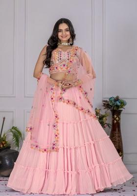 Peach Embroidered Georgette Lehenga Set