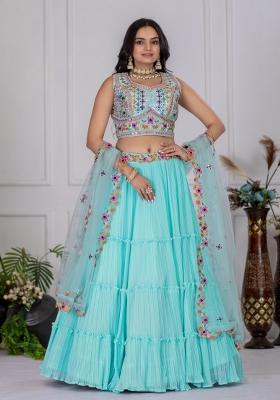 Sky Blue Embroidered Georgette Lehenga Set