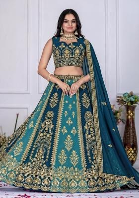 Dark Teal Embroidered Georgette Lehenga Set