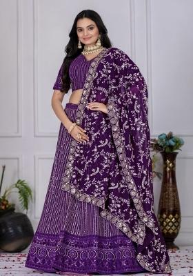 Purple Embroidered Georgette Lehenga Set