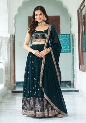Dark Green Embroidered Georgette Lehenga Set