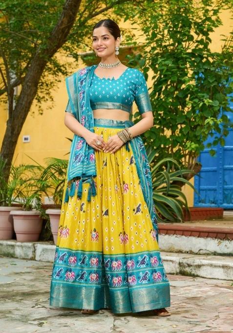 Yellow Embroidered Lichi Lehenga Set