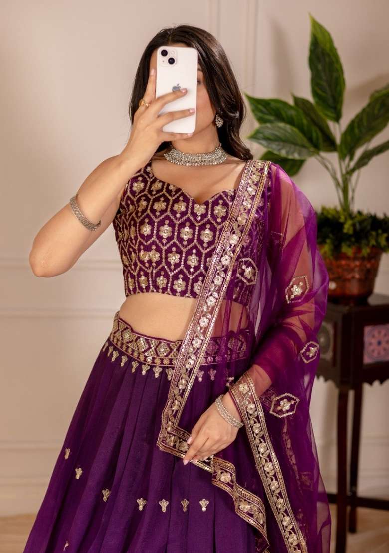 Wine Embroidered Silk Lehenga Set - Indya