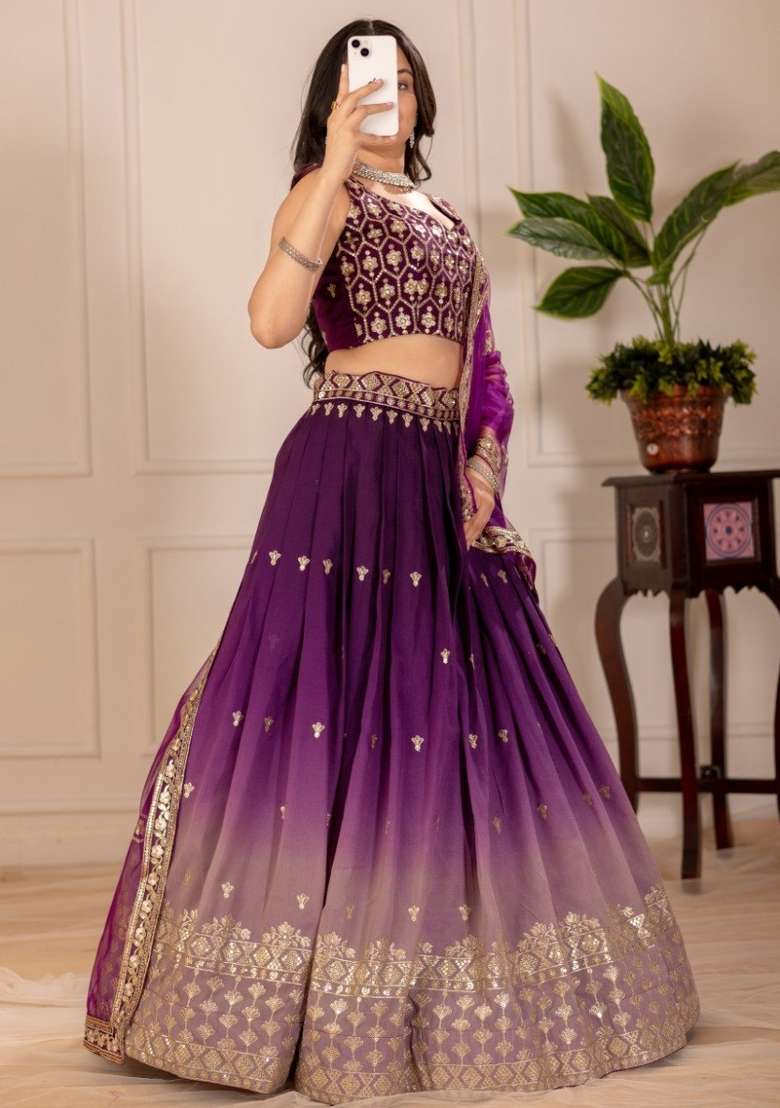 Wine Embroidered Silk Lehenga Set - Indya