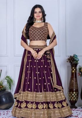 Wine Embroidered Georgette Lehenga Set