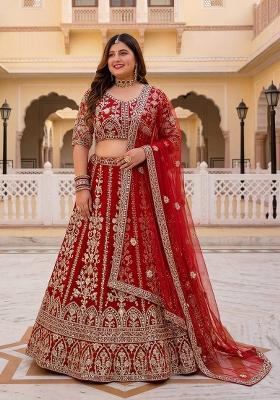 Red Embroidered Net Lehenga Set