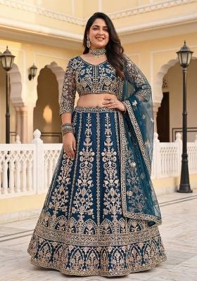 Teal Embroidered Net Lehenga Set