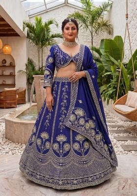 Blue Embroidered Silk Lehenga Set