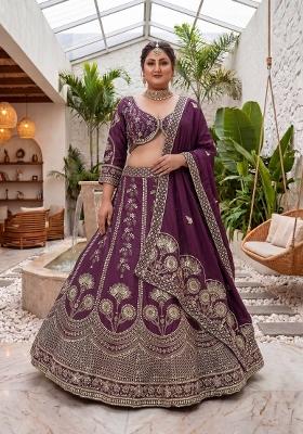 Wine Embroidered Silk Lehenga Set