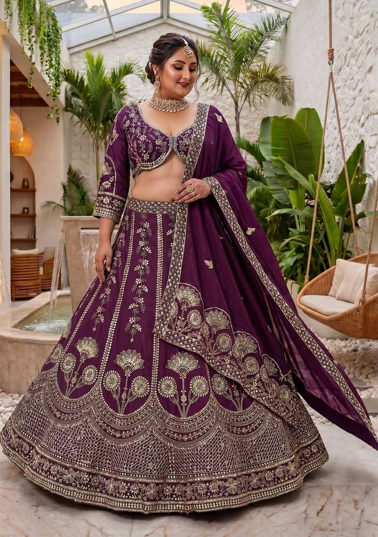 Wine Embroidered Silk Lehenga Set - Indya