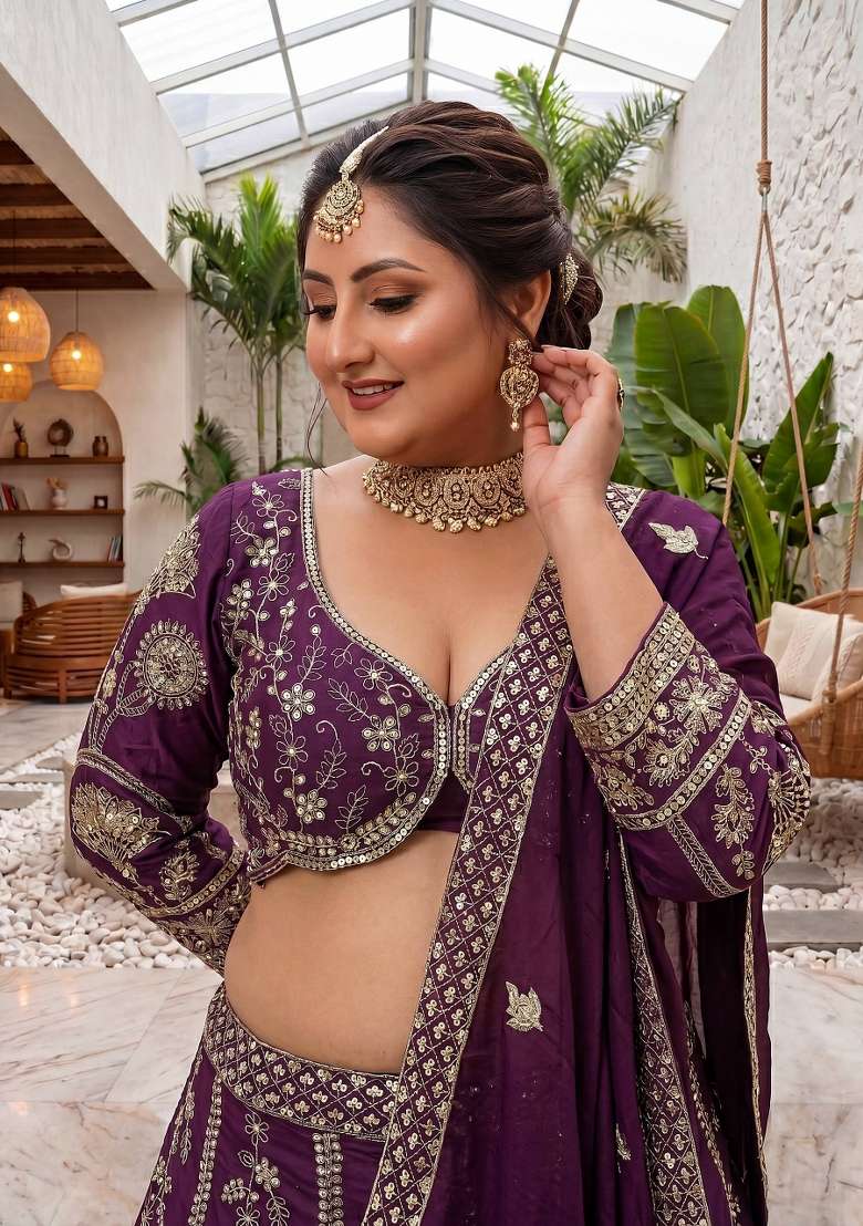 Wine Embroidered Silk Lehenga Set - Indya