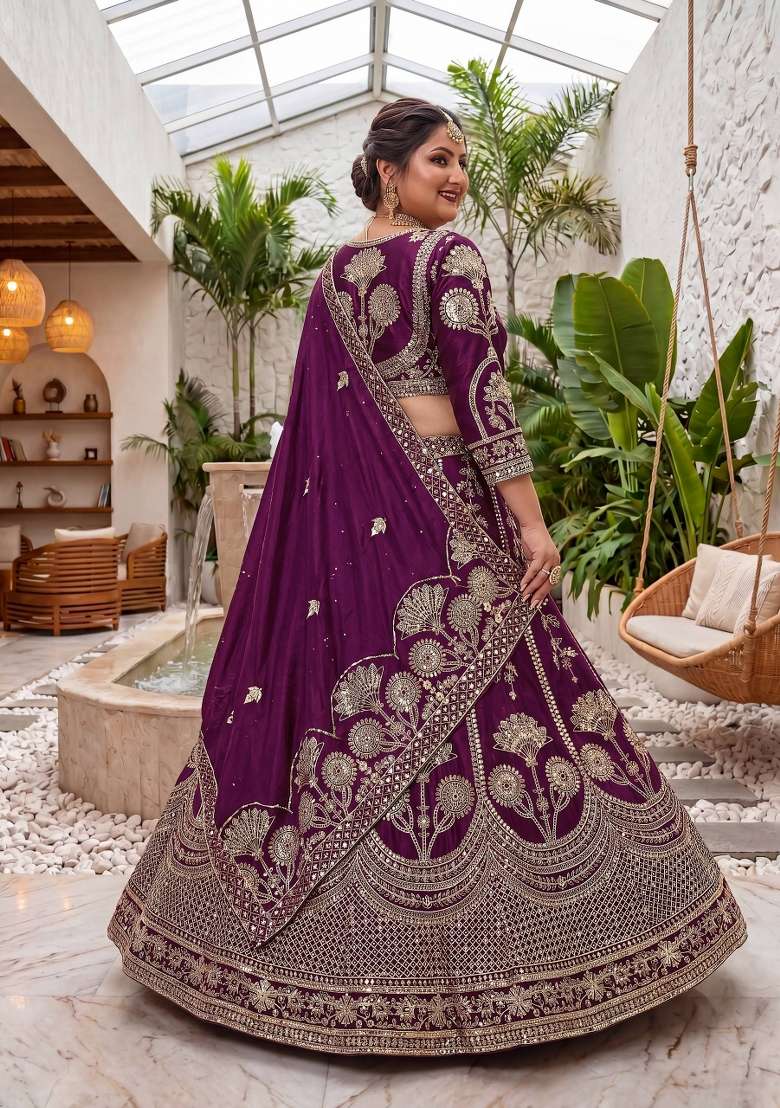 Wine Embroidered Silk Lehenga Set - Indya