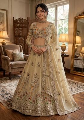 Butter Yellow Embroidered Silk Lehenga Set