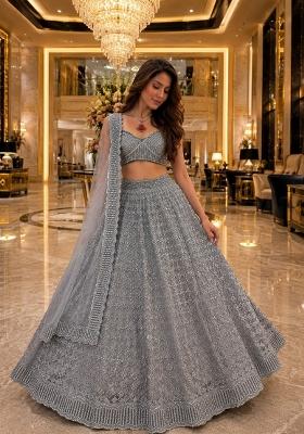 Grey Embroidered Net Lehenga Set