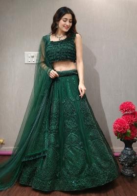 Dark Green Embroidered Net Lehenga Set
