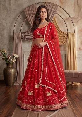 Red Embroidered Georgette Lehenga Set