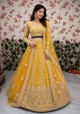 Yellow Embroidered Net Lehenga Set