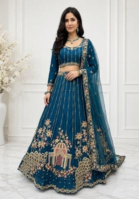 Teal Blue Embroidered Net Lehenga Set