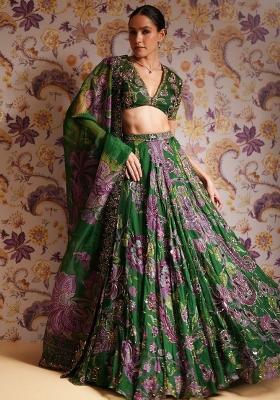 Green Embroidered Silk Lehenga Set