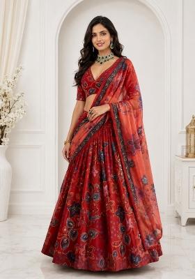 Cherry Red Embroidered Silk Lehenga Set