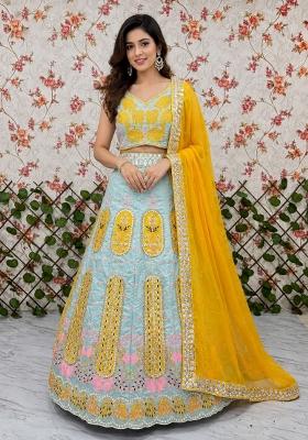 Sky Blue Embroidered Silk Lehenga Set