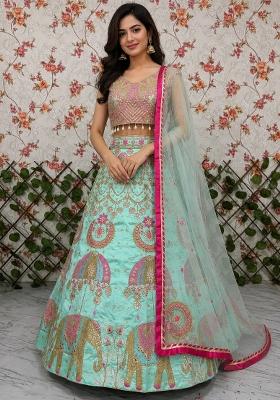 Sea Green Embroidered Silk Lehenga Set