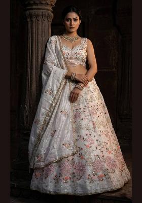 White Embroidered Silk Lehenga Set
