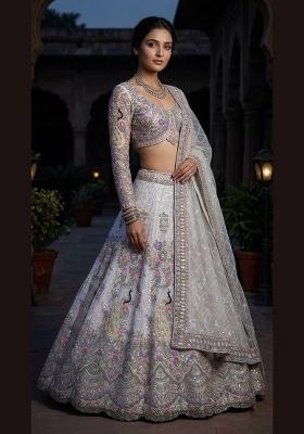 Off White Embroidered Net Lehenga Set