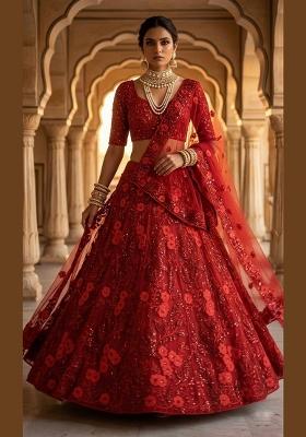 Red Embroidered Net Lehenga Set