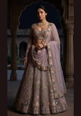 Lavender Embroidered Net Lehenga Set