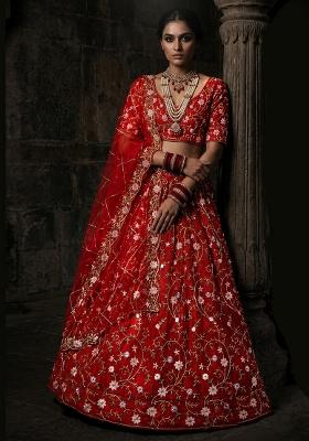 Red Embroidered Net Lehenga Set