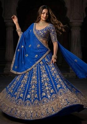 Blue Embroidered Georgette Lehenga Set