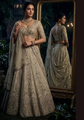 Grey Embroidered Georgette Lehenga Set