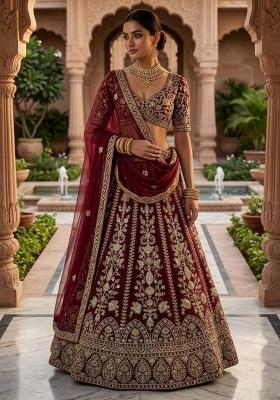 Maroon Embroidered Georgette Lehenga Set