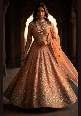 Peach Embroidered Georgette Lehenga Set