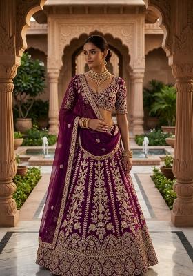 Purple Embroidered Georgette Lehenga Set