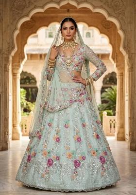 Sky Blue Embroidered Organza Lehenga Set