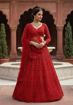 Red Embroidered Net Lehenga Set