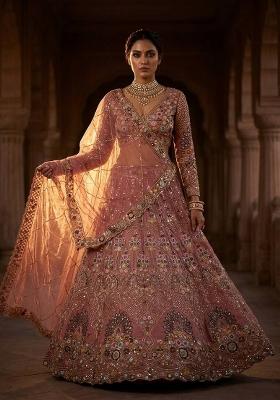 Peach Embroidered Gold Crush Lehenga Set