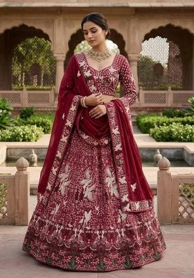 Red Embroidered Georgette Lehenga Set