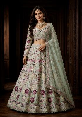 Sea Green Embroidered Net Lehenga Set