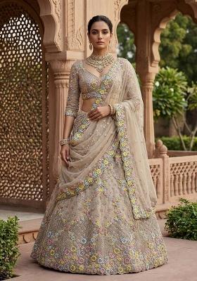 Cream Embroidered Net Lehenga Set