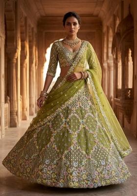 Mehendi Green Embroidered Net Lehenga Set