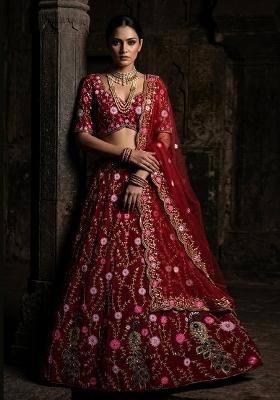 Red Embroidered Net Lehenga Set