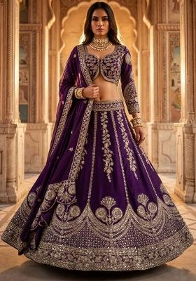 Purple Embroidered Georgette Lehenga Set