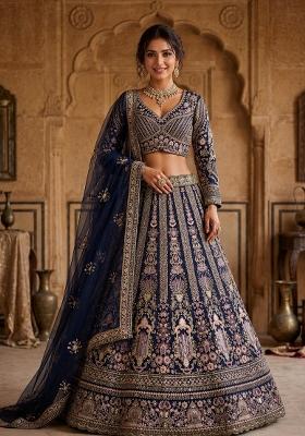 Navy Blue Embroidered Net Lehenga Set