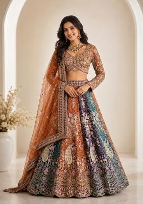 Orange Embroidered Net Lehenga Set