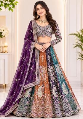 Purple Embroidered Net Lehenga Set