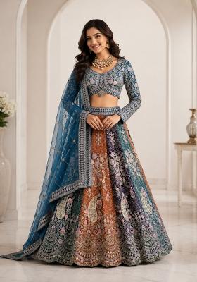Teal Blue Embroidered Net Lehenga Set
